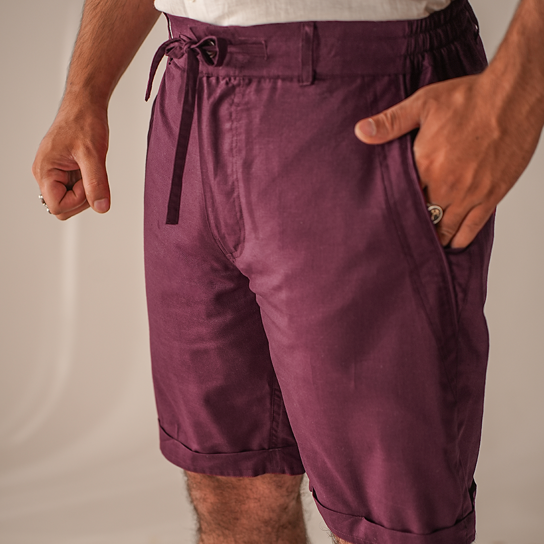 Wine Cotton Linen Shorts