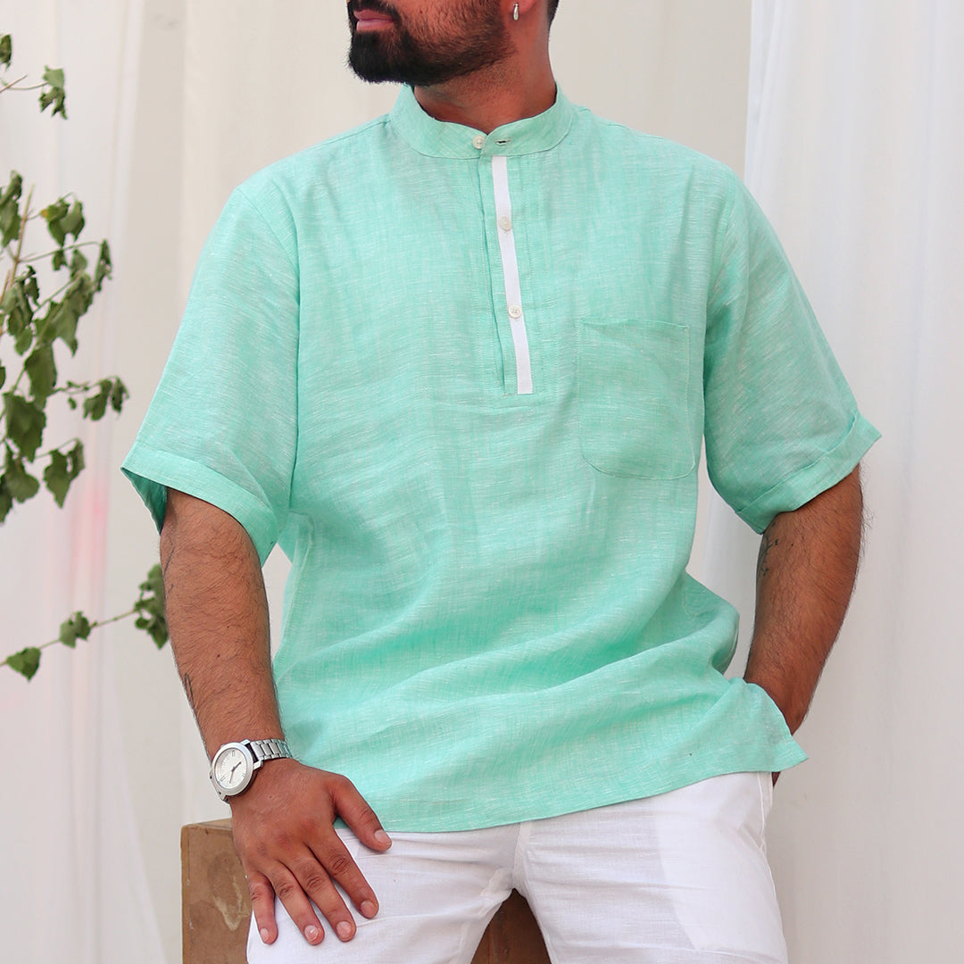 Turquoise Linen Half Sleeves Shirts
