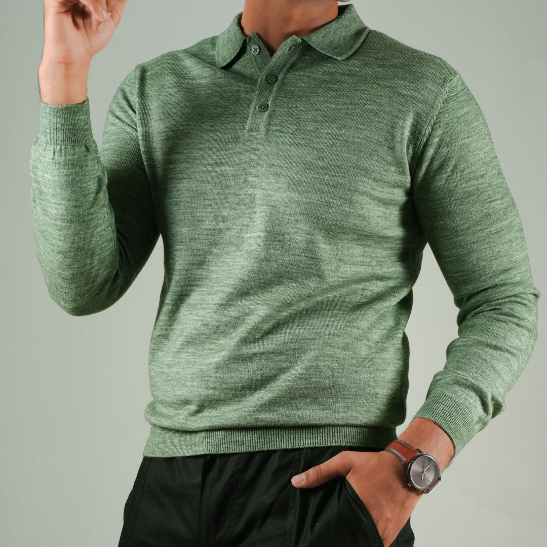 Winter Polo Sweater-Full Sleeves - Green