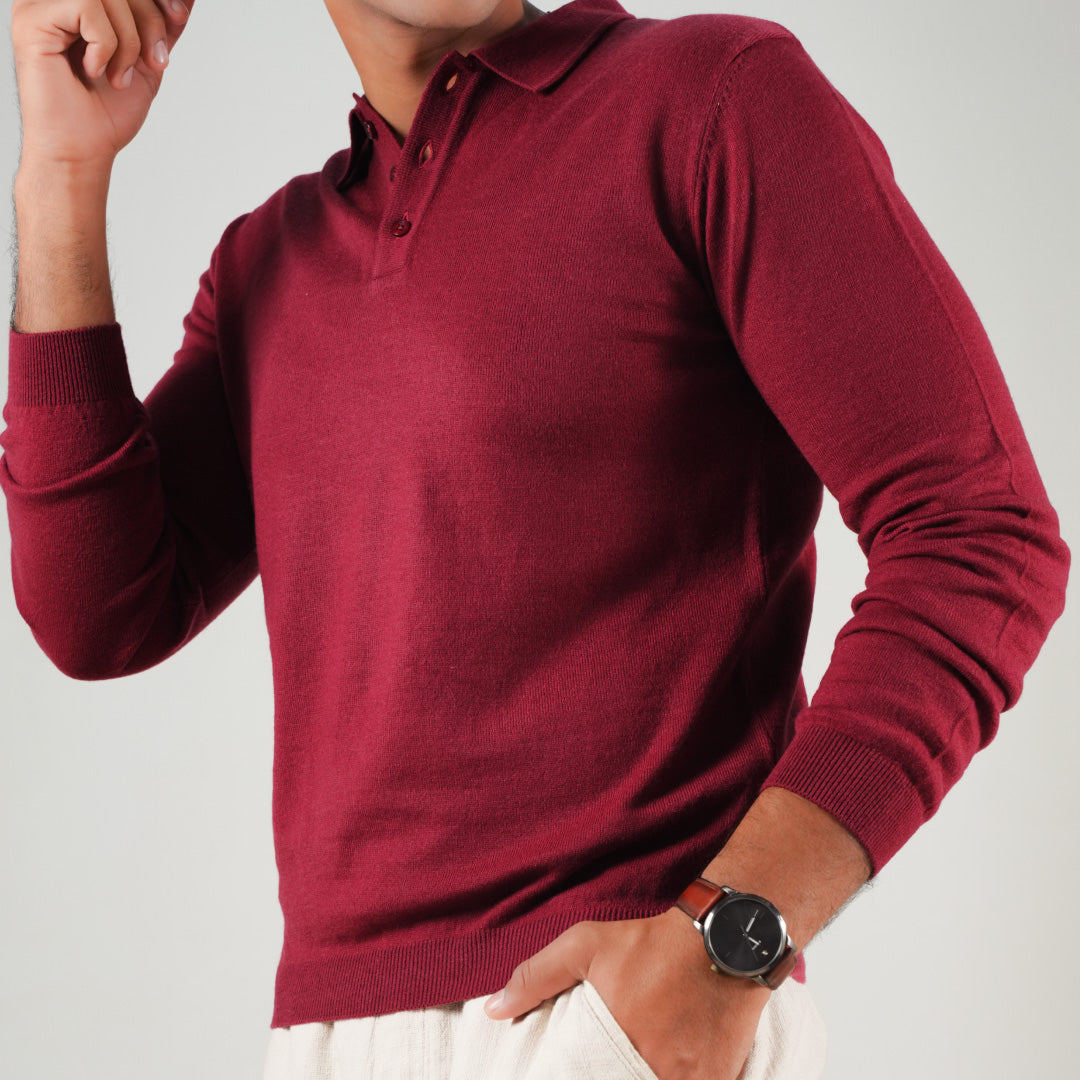 Winter Polo Sweater-Full Sleeves - Red