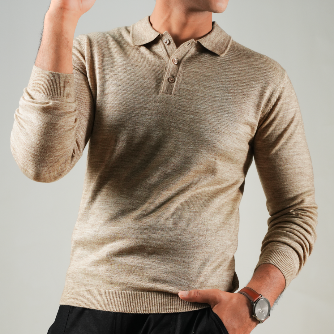 Winter Polo Sweater-Full Sleeves - Beige