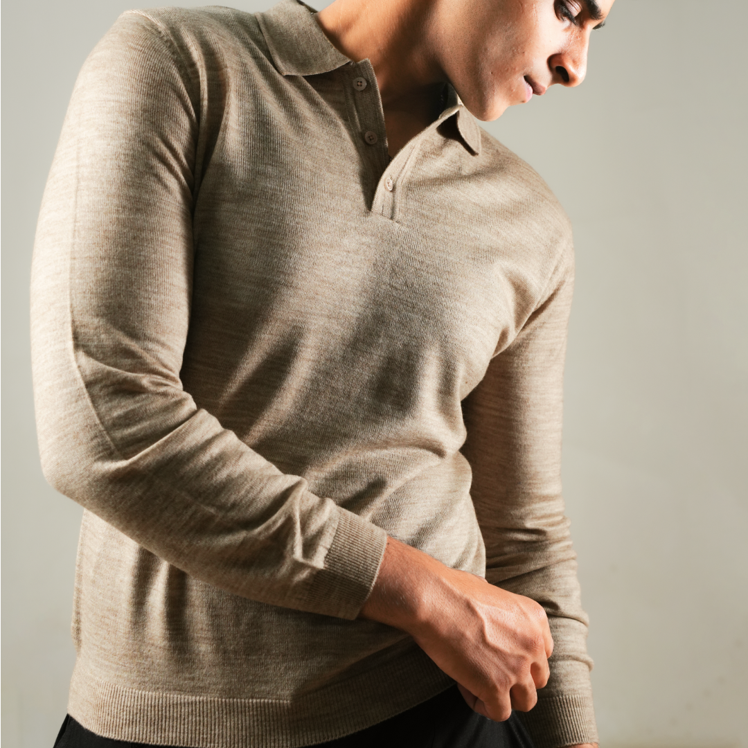 Winter Polo Sweater-Full Sleeves - Beige