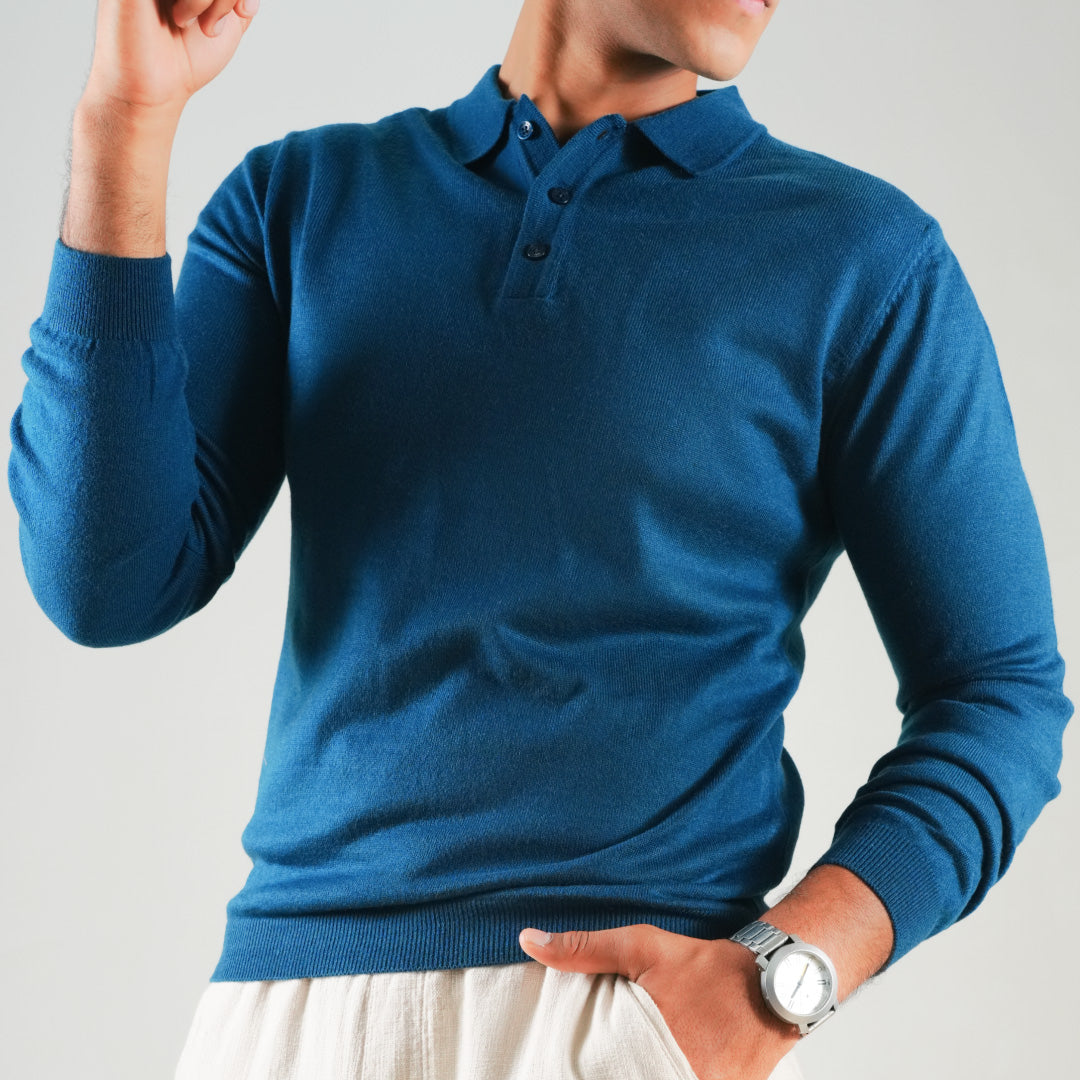 Winter Polo Sweater-Full Sleeves - Blue