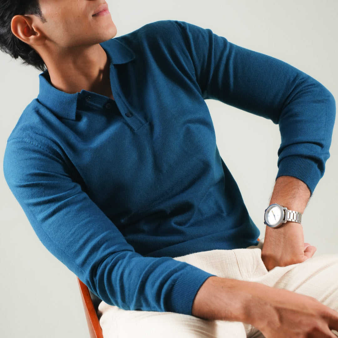 Winter Polo Sweater-Full Sleeves - Blue