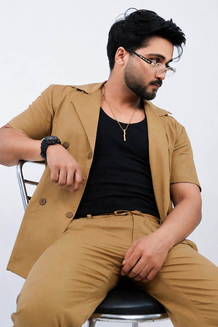 Khaki Cotton Linen Coord Set