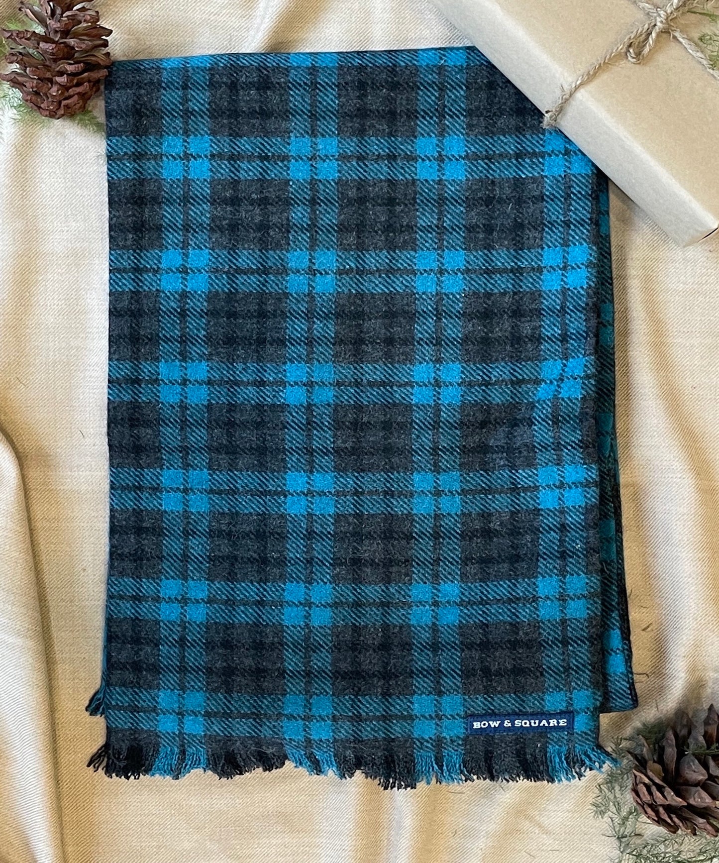 Charcoal Blue Plaid Tweed Scarf